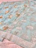 Light Blue 100% Pure Khaddi Georgette Silver Zari Digital Print Handloom Saree