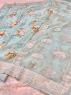 Light Blue 100% Pure Khaddi Georgette Silver Zari Digital Print Handloom Saree