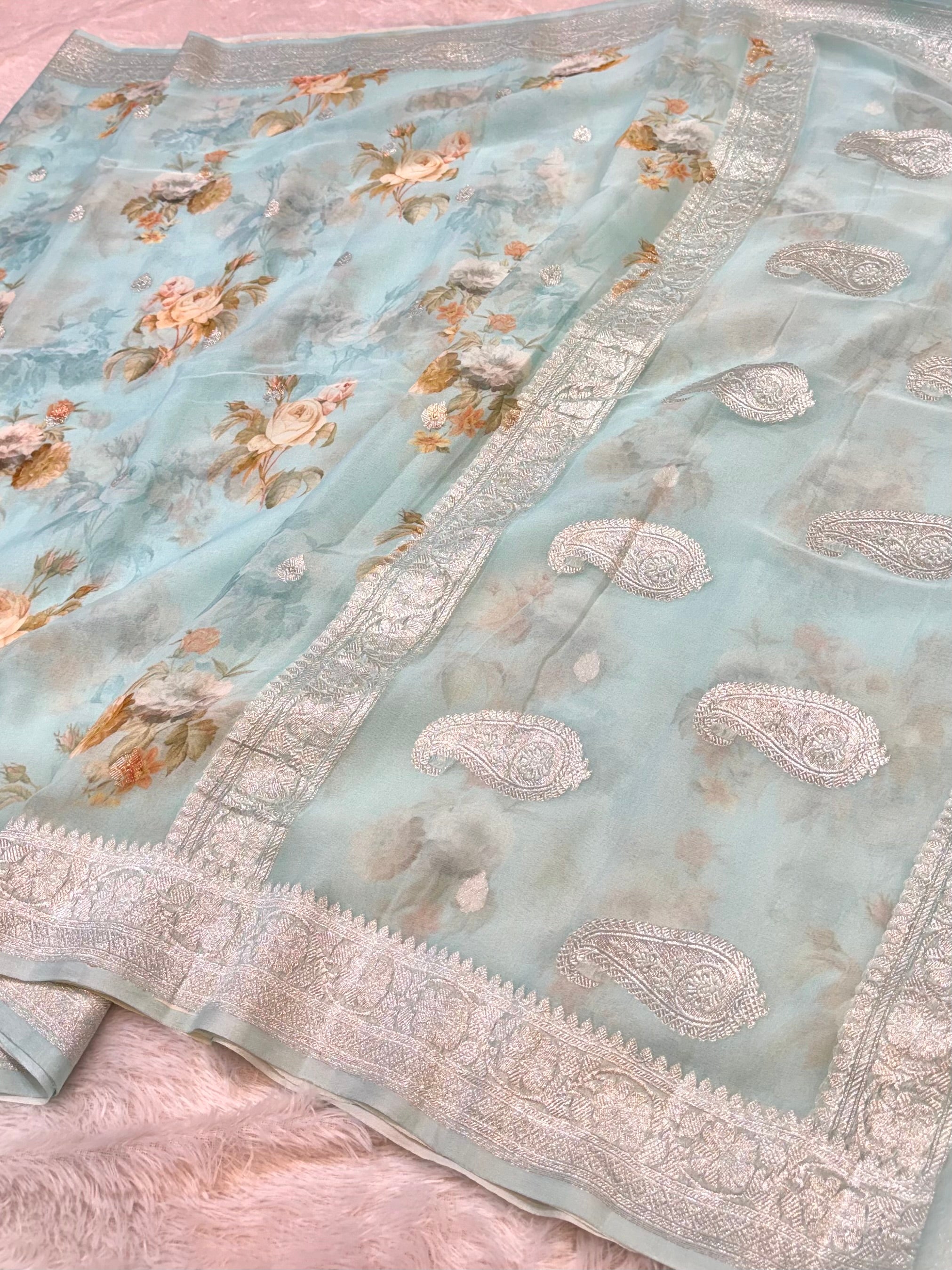 Light Blue 100% Pure Khaddi Georgette Silver Zari Digital Print Handloom Saree