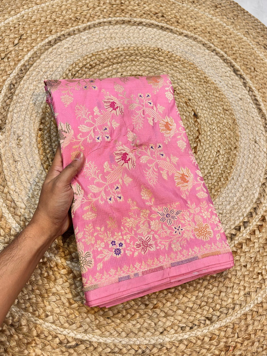 Baby Pink 100% Pure Banarasi Katan Silk Meenakari Saree