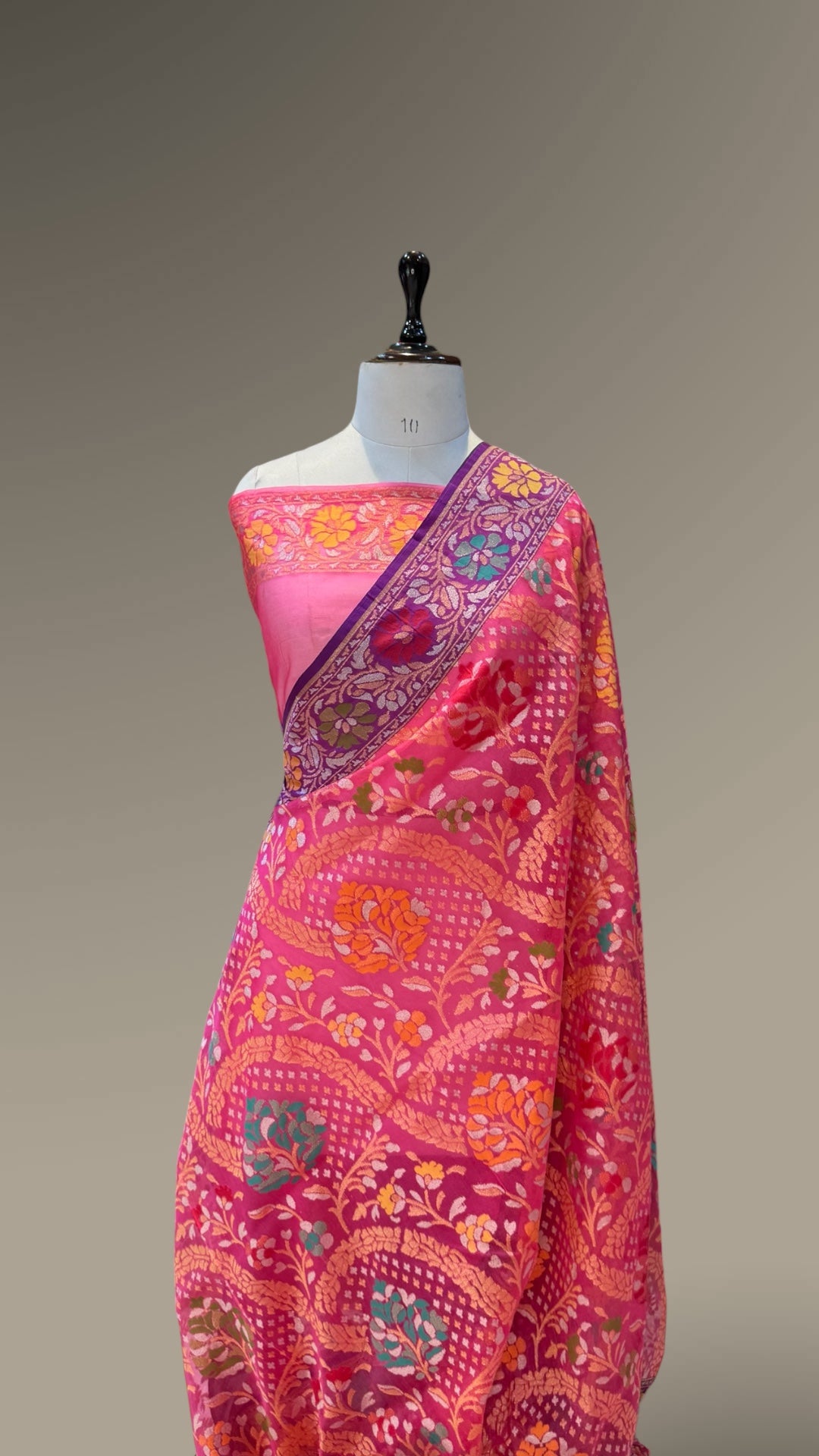 Rani Pink 100% Pure Ektara Banarasi Kora Jamdani Saree