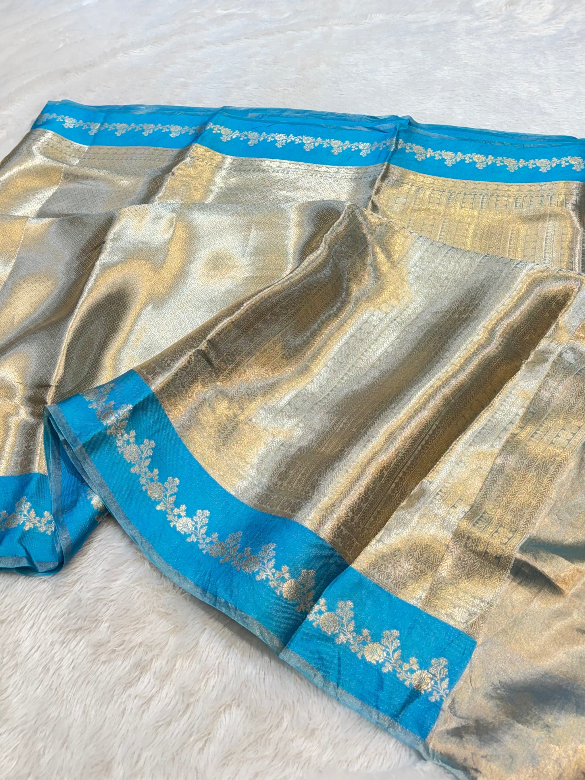 Aqua Blue 100% Pure Banarasi Molten Tissue Silk Brocade Saree