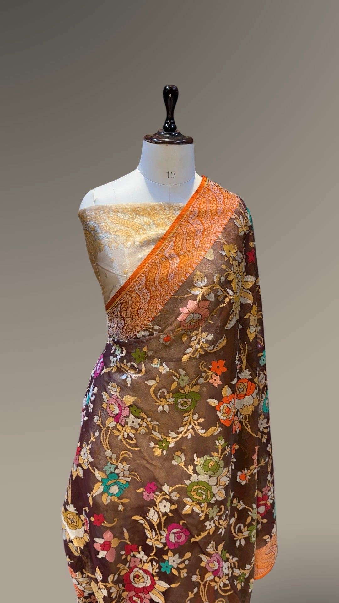 Prebook | Brown Pure Ektara Banarasi Kora Jamdani Saree