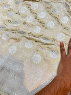 Off White 100% Pure Banarasi Katan Silk Meenakari Saree