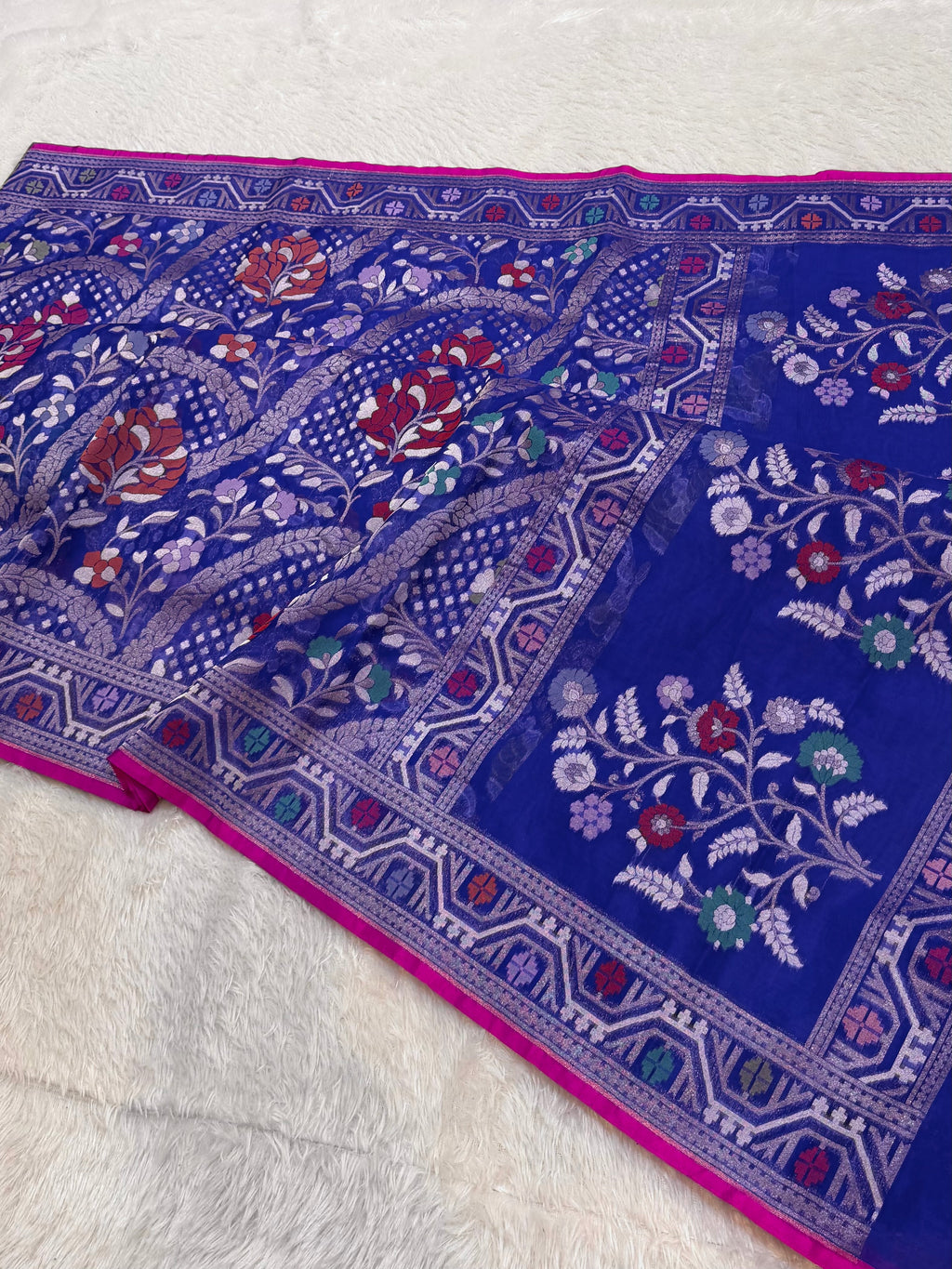 Royal Blue Pure Handloom Banarasi Ektara Kora Jamdani Saree