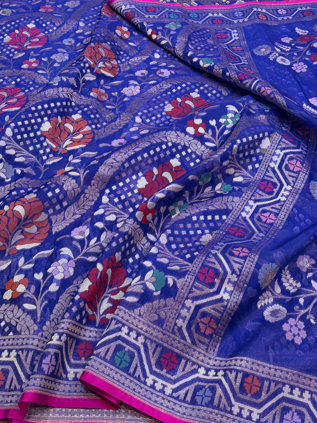 Royal Blue Pure Handloom Banarasi Ektara Kora Jamdani Saree