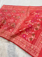 Pastel Peach Pure Handloom Banarasi Ektara Kora Jamdani Saree