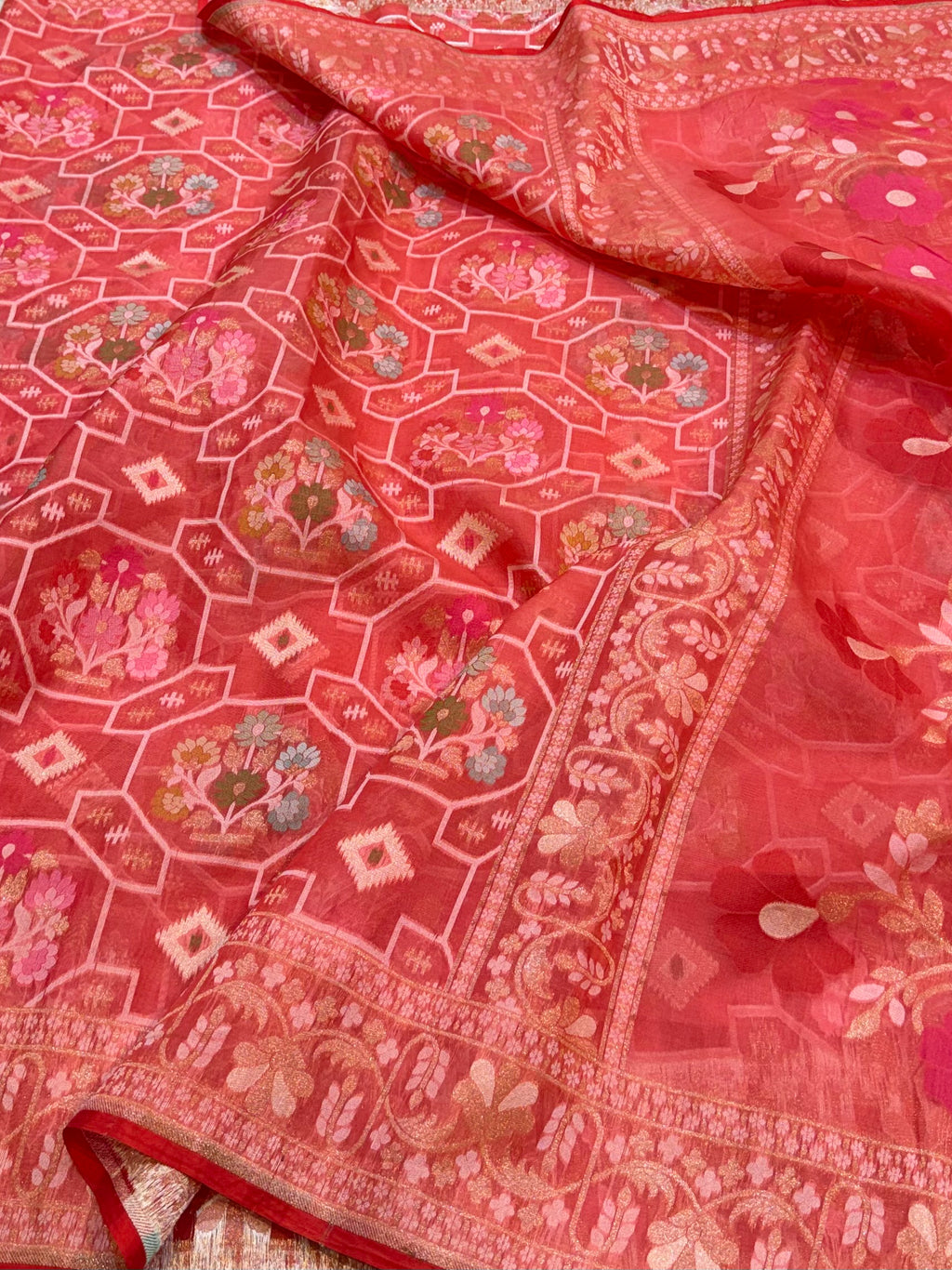 Pastel Peach Pure Handloom Banarasi Ektara Kora Jamdani Saree