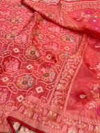 Pastel Peach Pure Handloom Banarasi Ektara Kora Jamdani Saree