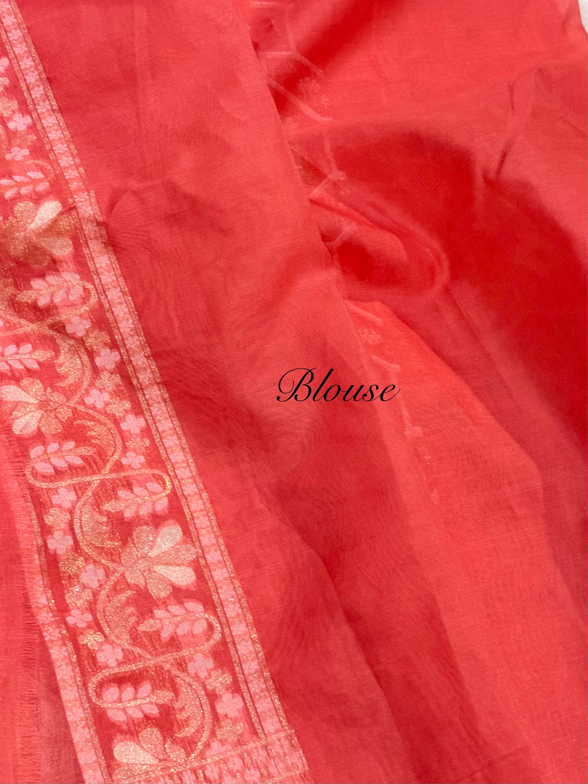 Pastel Peach Pure Handloom Banarasi Ektara Kora Jamdani Saree