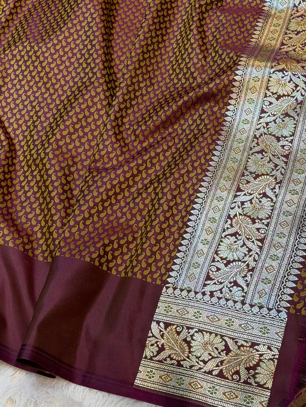 Wine Banarasi Soft Mashru Silk Partywear Saree