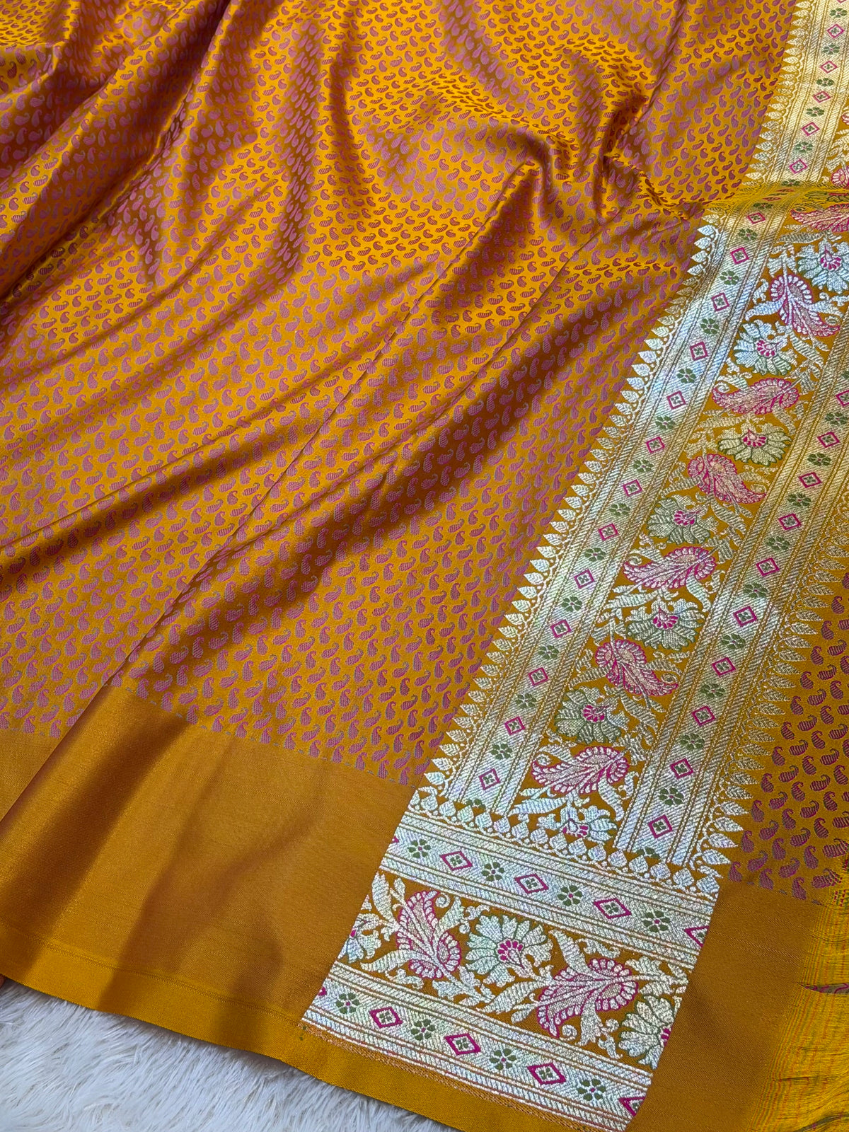 Gold Yellow Banarasi Soft Mashru Silk Partywear Saree