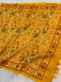 Diamond Gold Yellow Pure Handloom Double Tissue Jamdani Embroidery work Partywear Banarasi Saree