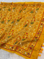 Diamond Gold Yellow Pure Handloom Double Tissue Jamdani Embroidery work Partywear Banarasi Saree