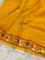 Diamond Gold Yellow Pure Handloom Double Tissue Jamdani Embroidery work Partywear Banarasi Saree