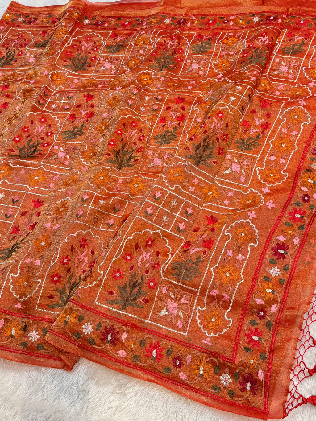 Diamond Red Pure Handloom Double Tissue Jamdani Embroidery work Partywear Banarasi Saree