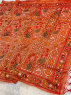 Diamond Red Pure Handloom Double Tissue Jamdani Embroidery work Partywear Banarasi Saree