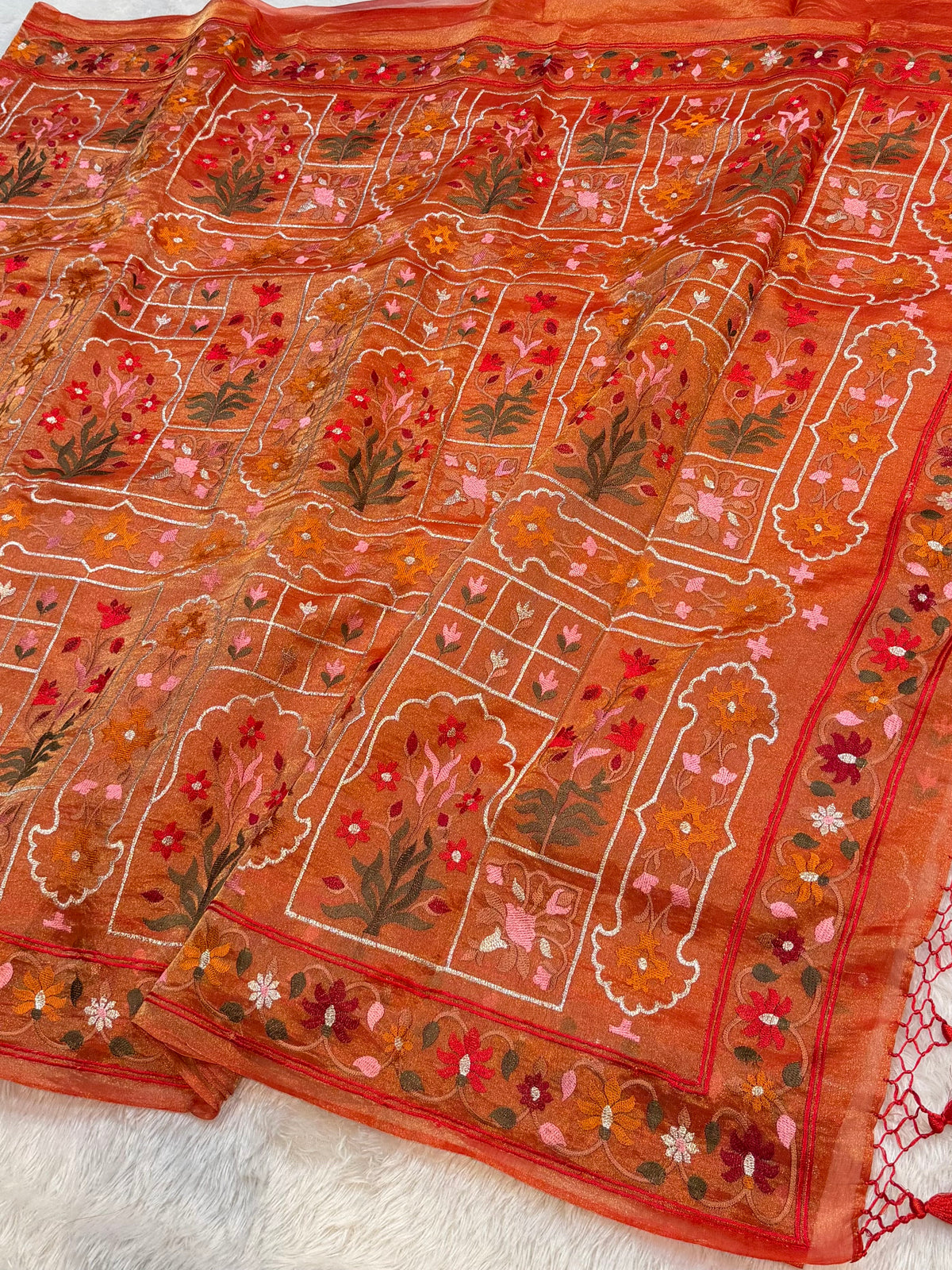 Diamond Red Pure Handloom Double Tissue Jamdani Embroidery work Partywear Banarasi Saree