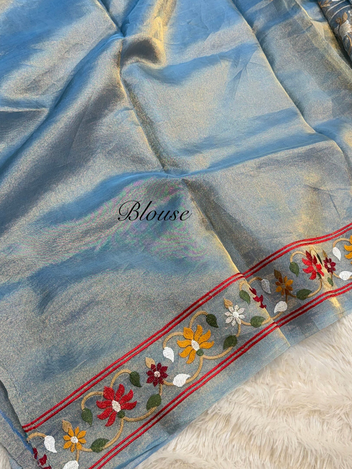 Diamond Blue Pure Handloom Double Tissue Jamdani Embroidery work Partywear Banarasi Saree