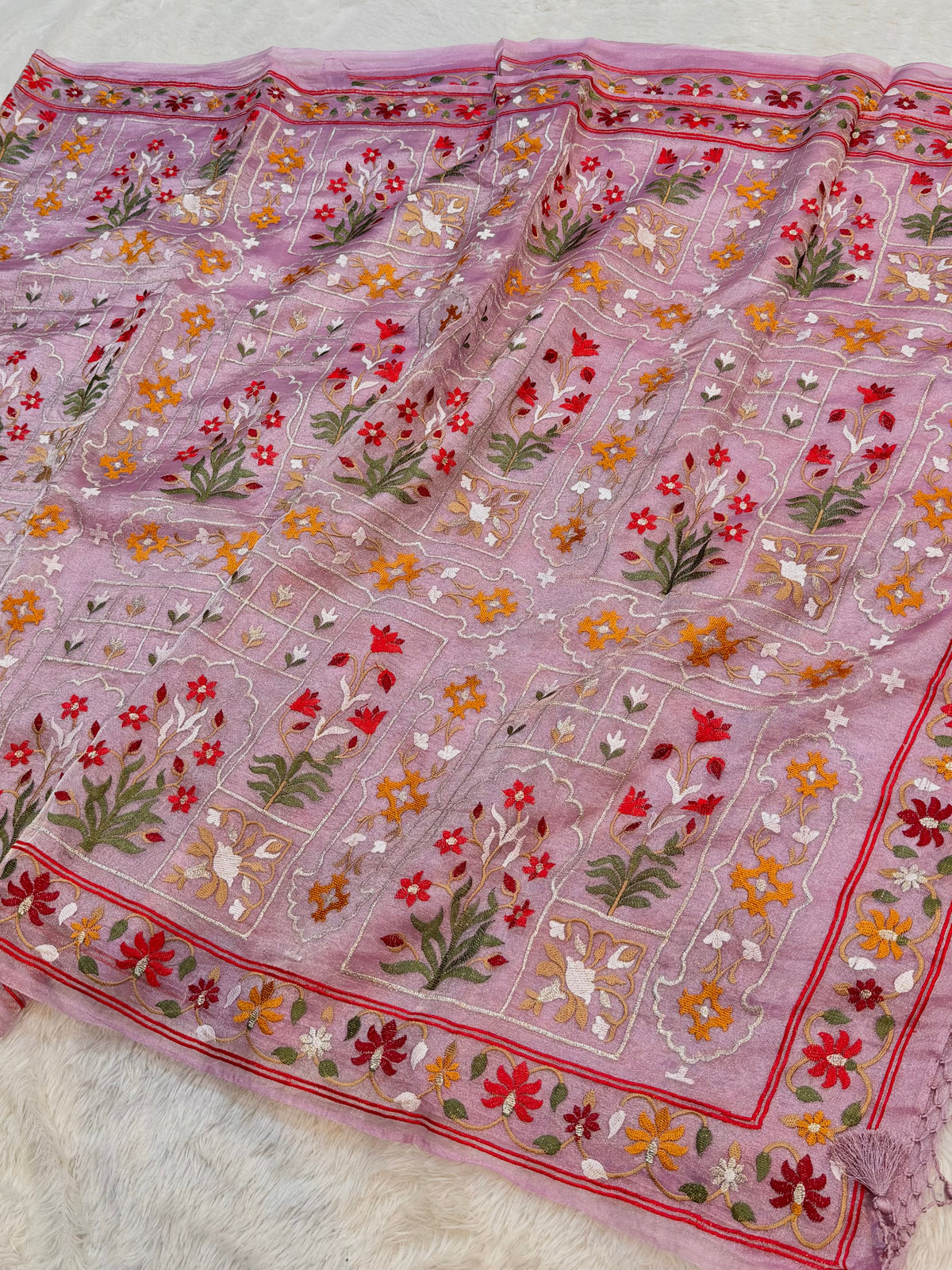 Diamond Lavender Pure Handloom Double Tissue Jamdani Embroidery work Partywear Banarasi Saree