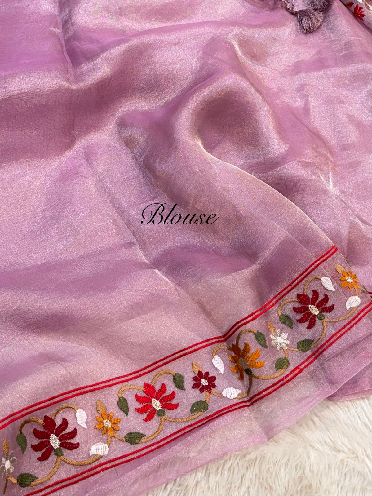 Diamond Lavender Pure Handloom Double Tissue Jamdani Embroidery work Partywear Banarasi Saree