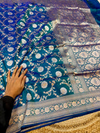 Dual shade Peacock Blue 100% Pure Banarasi Katan Silk Meenakari Saree