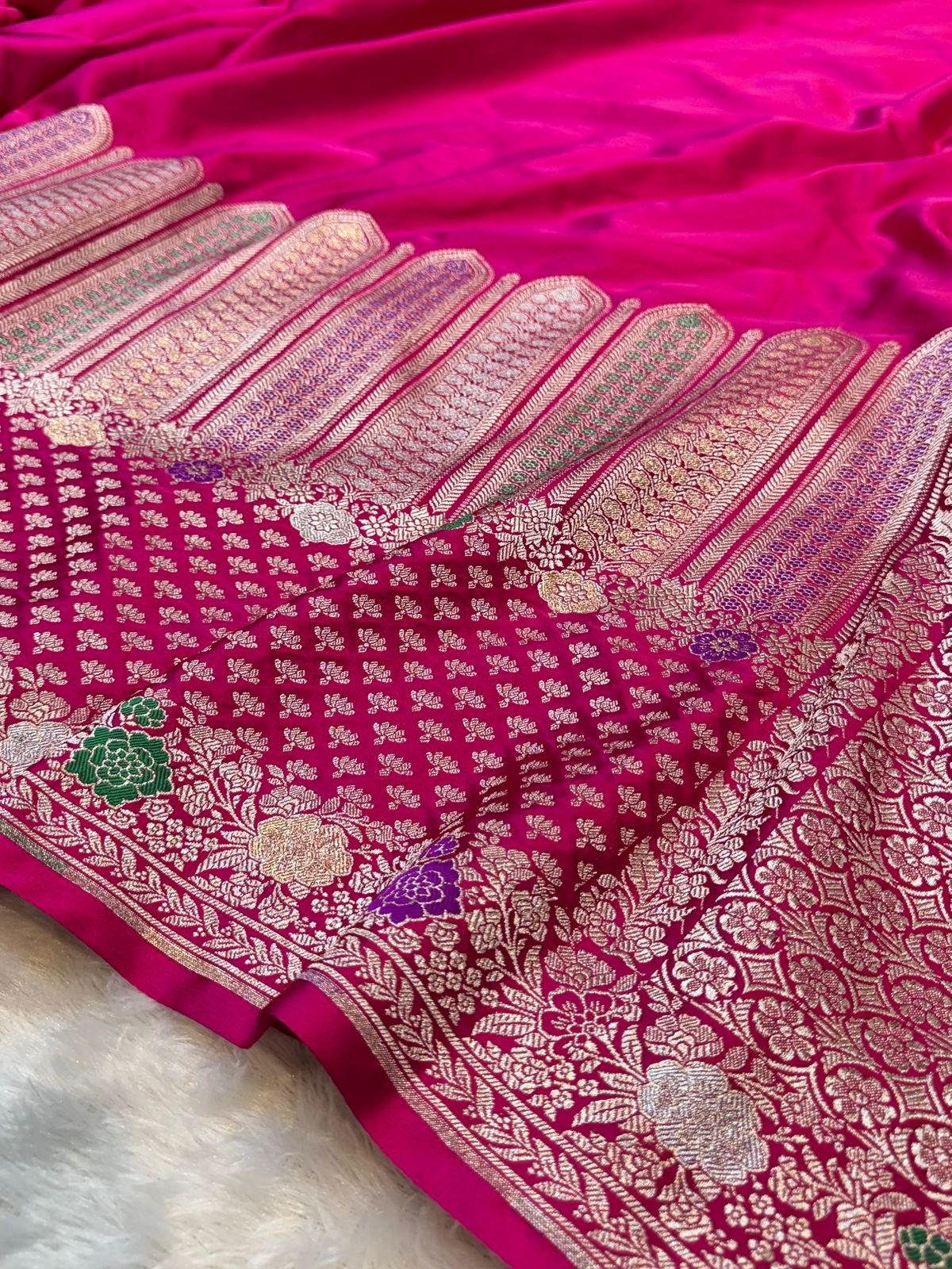 Rani Pink Banarasi Soft Meenakari Mashru Silk Partywear Saree
