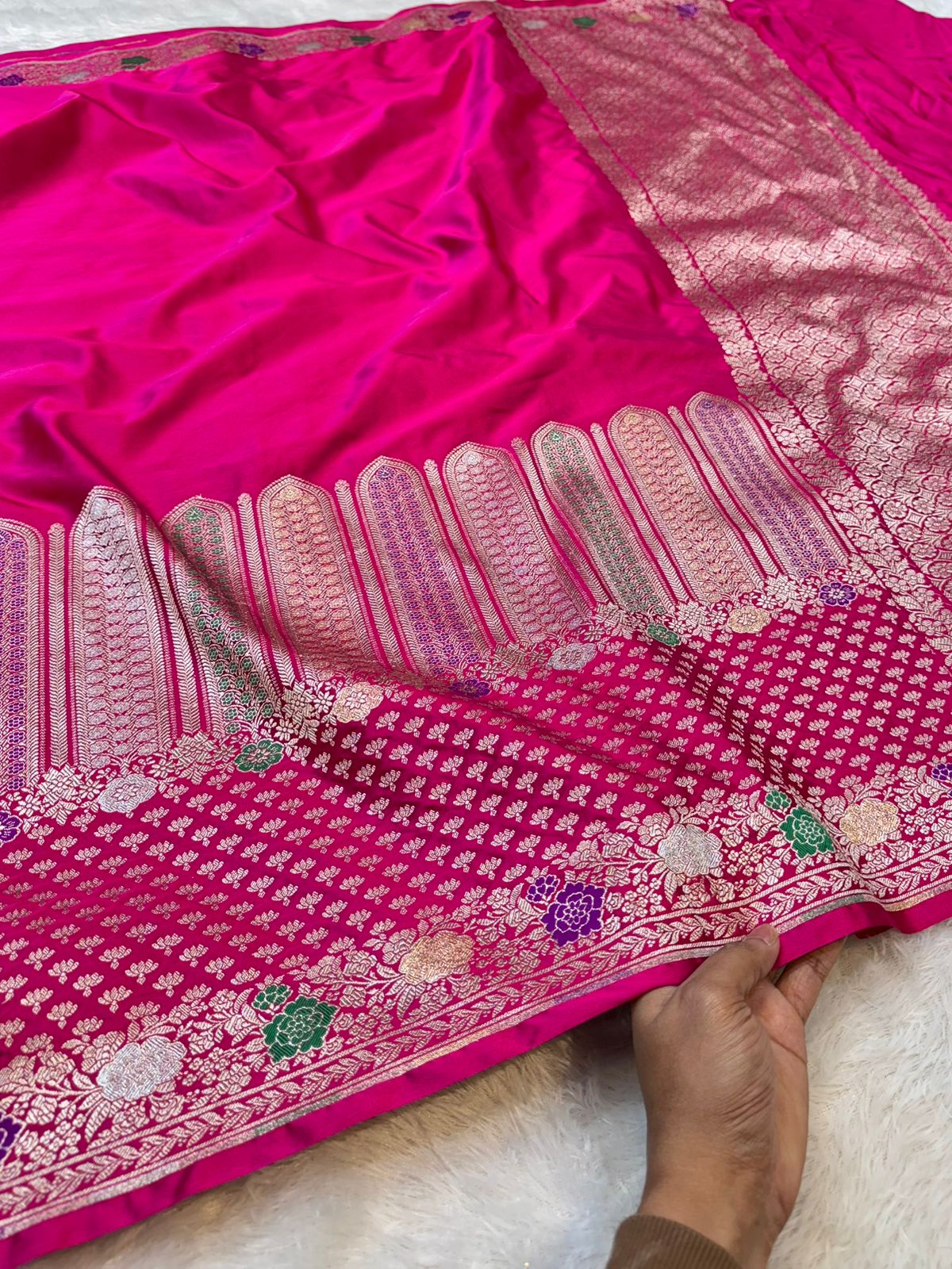 Rani Pink Banarasi Soft Meenakari Mashru Silk Partywear Saree