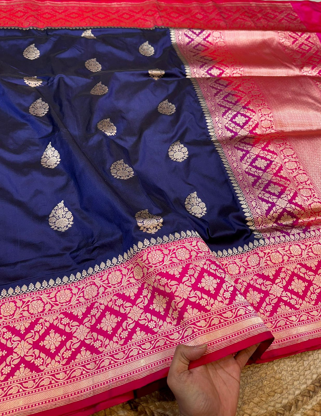 Dark Blue 100% Pure Banaras Katan Silk Handloom Handwoven Pattu Saree