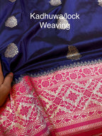 Dark Blue 100% Pure Banaras Katan Silk Handloom Handwoven Pattu Saree