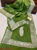 Pure Khaddi Georgette Silver Zari Border Buta Anchal Buti Design Saree