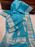 Pure Khaddi Georgette Silver Zari Border Buta Anchal Buti Design Saree