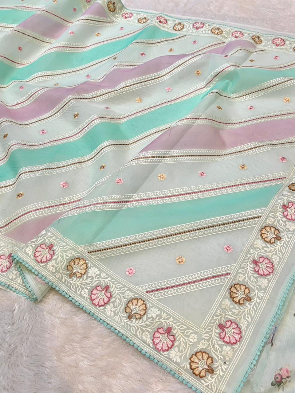 Organza Silk Partywear Banaras Embroidered Lightweight Sarees