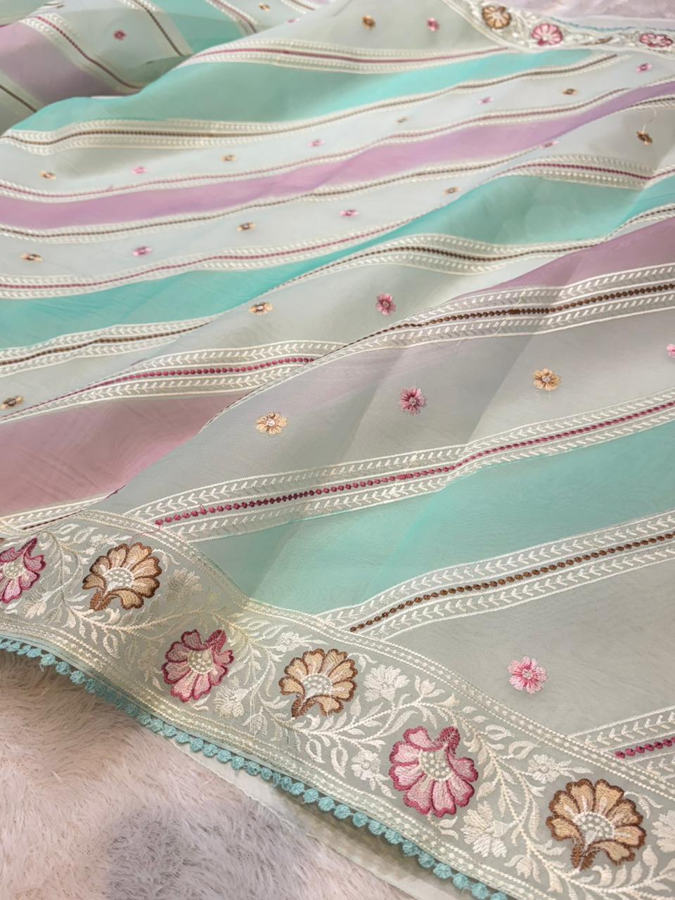 Organza Silk Partywear Banaras Embroidered Lightweight Sarees