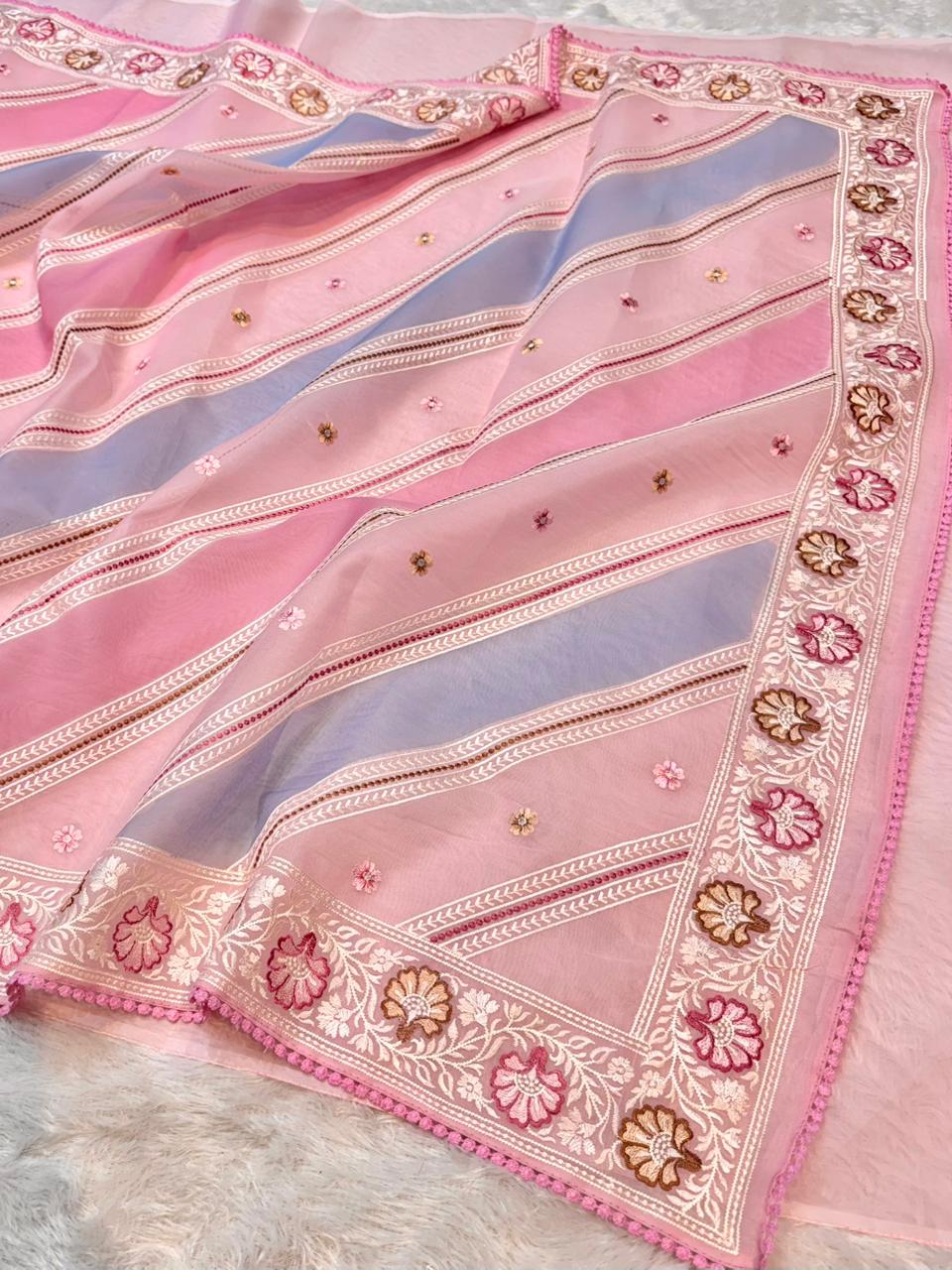 Organza Silk Partywear Banaras Embroidered Lightweight Sarees
