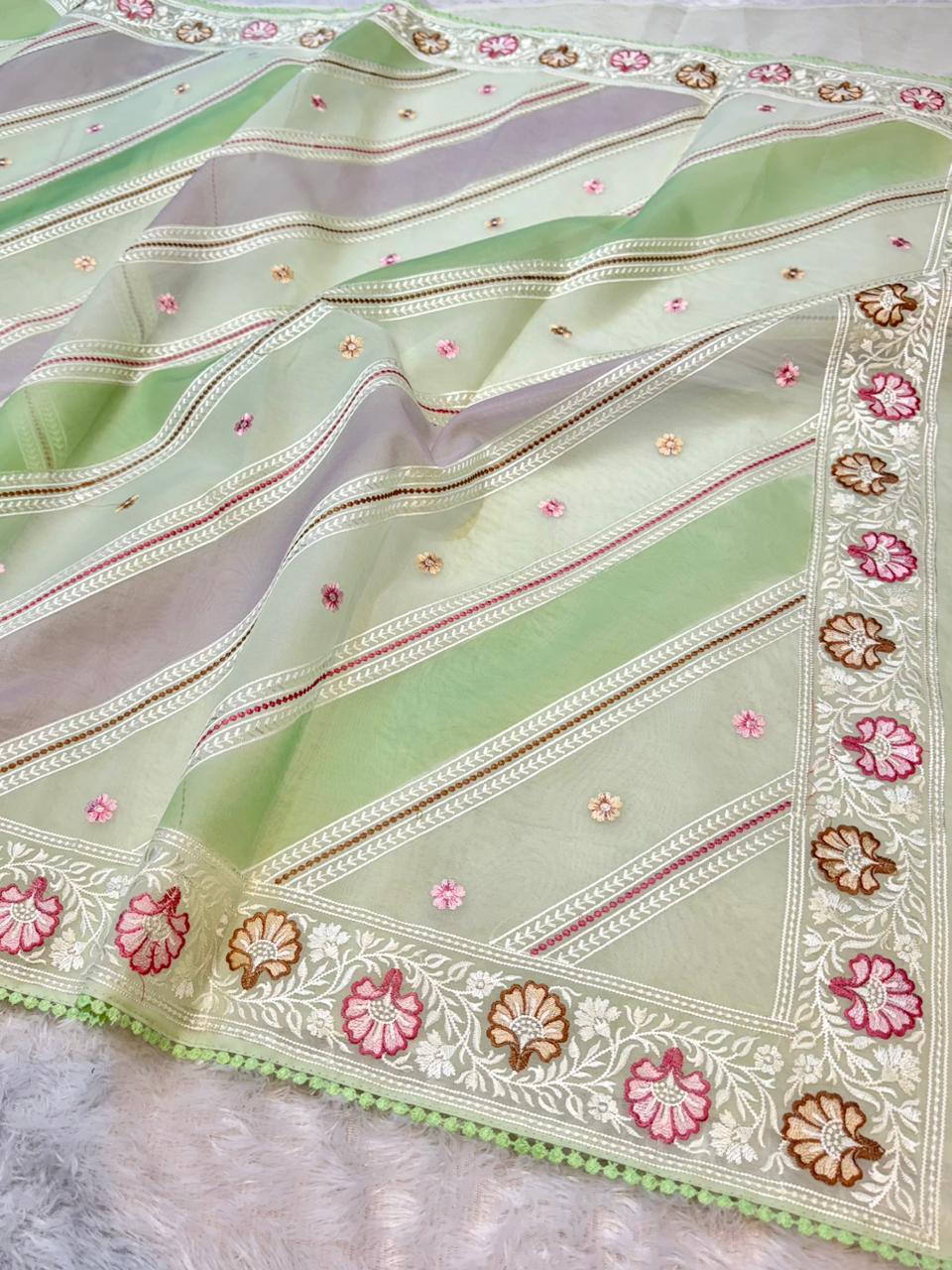 Organza Silk Partywear Banaras Embroidered Lightweight Saree