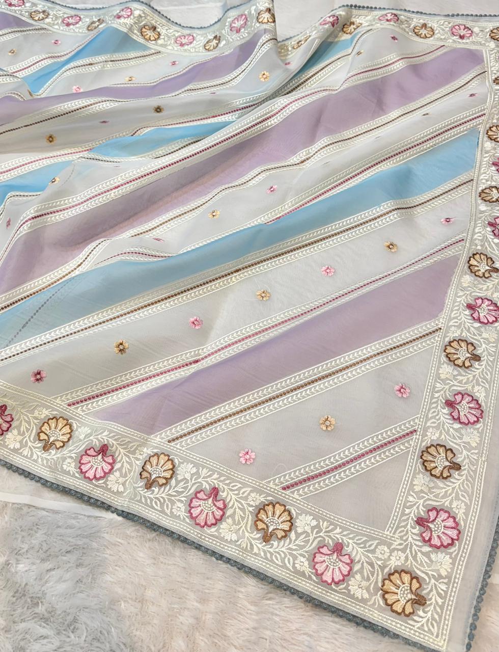 Organza Silk Partywear Banaras Embroidered Lightweight Saree