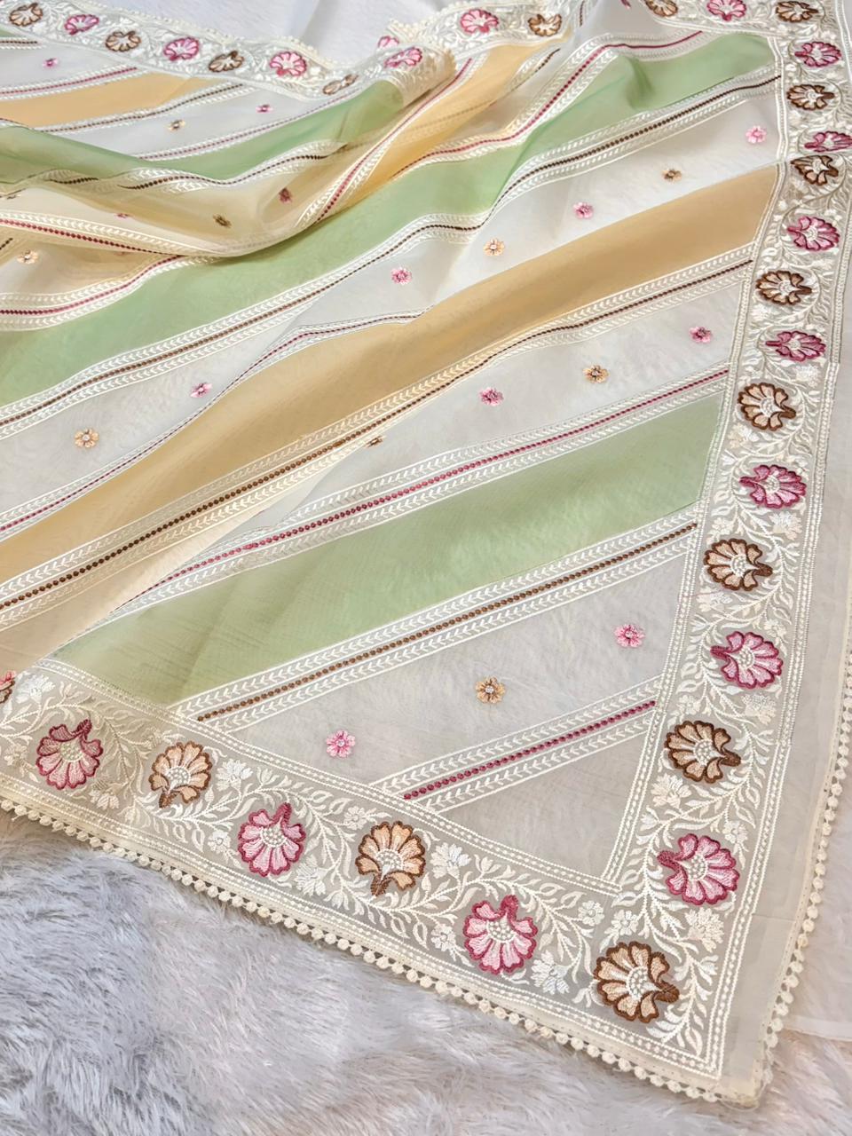 Organza Silk Partywear Banaras Embroidered Lightweight Saree