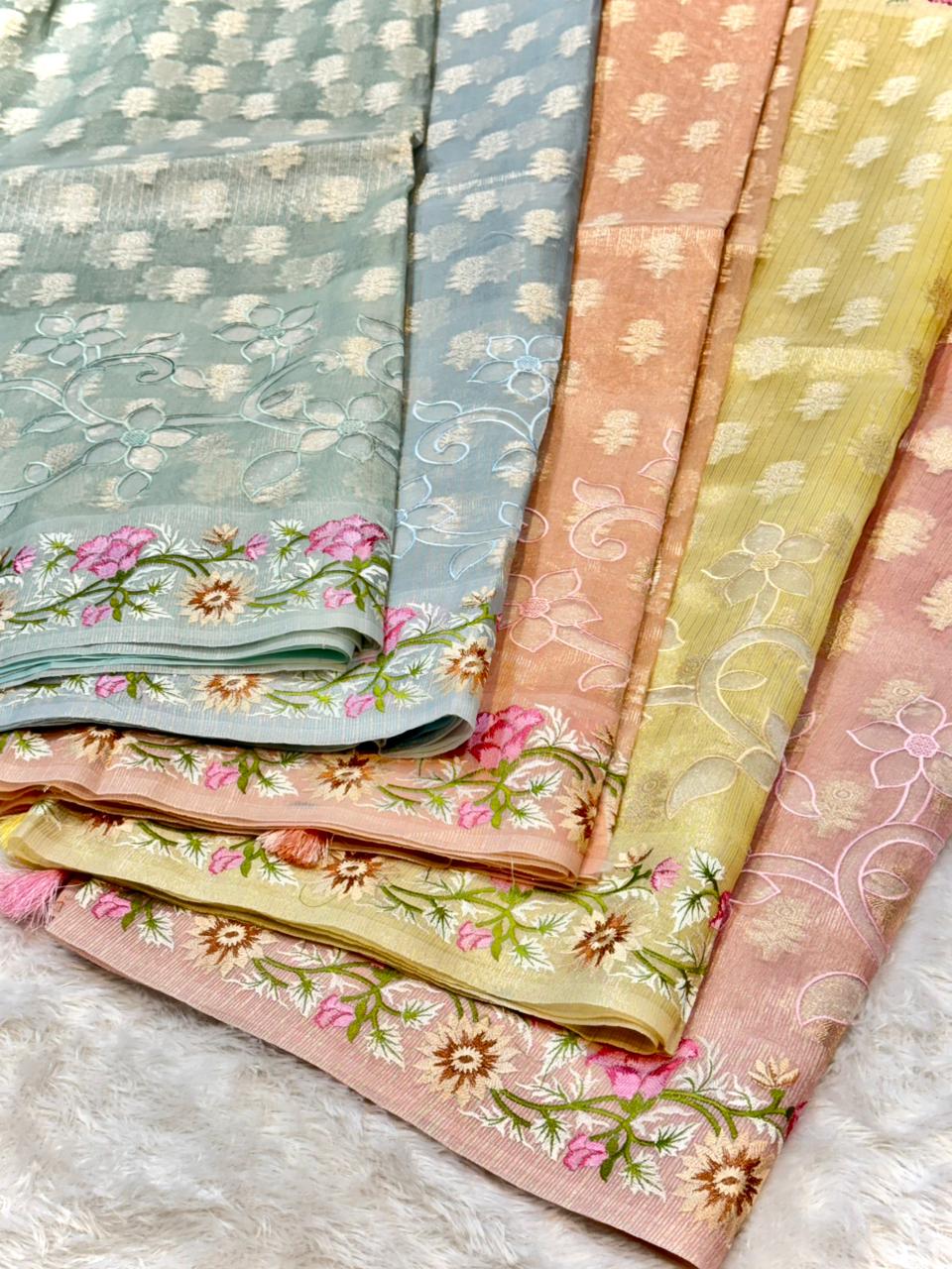 Tissue Silk Partywear Banaras Embroidered Applique Border Lightweight Sarees