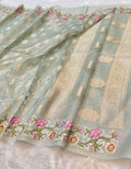 Tissue Silk Partywear Banaras Embroidered Applique Border Lightweight Sarees