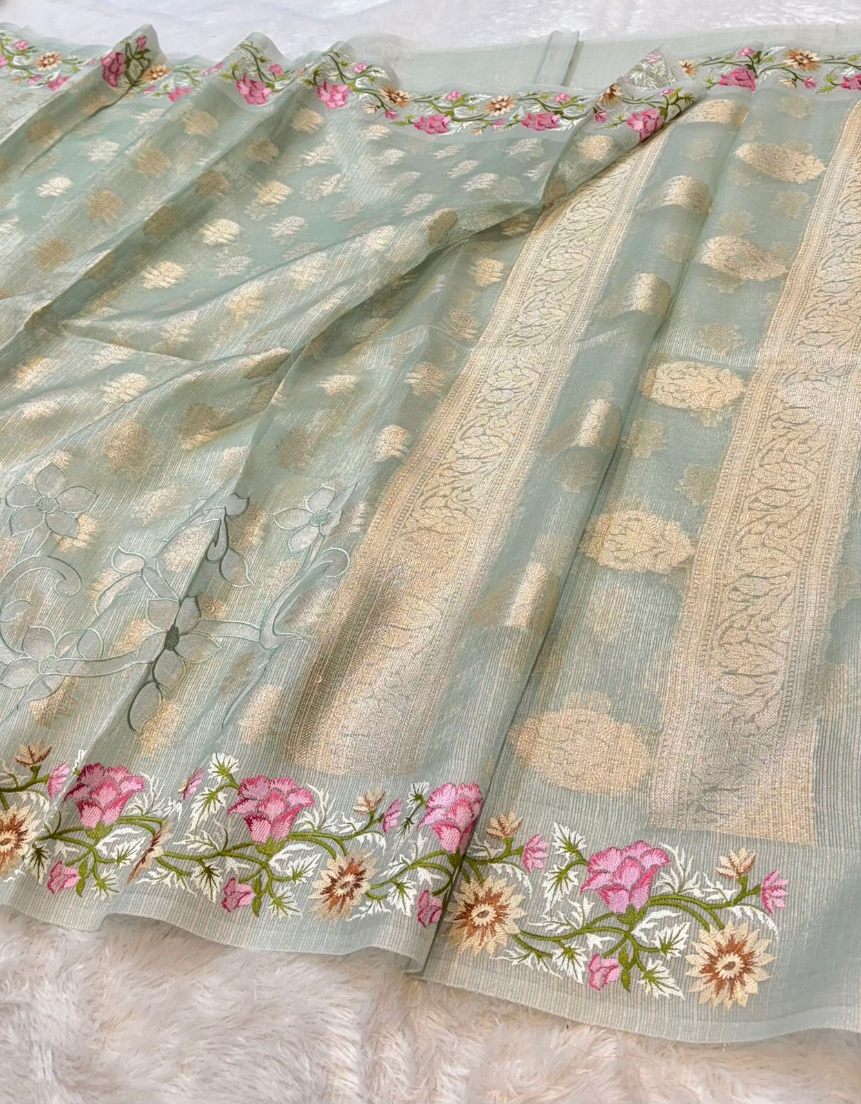 Tissue Silk Partywear Banaras Embroidered Applique Border Lightweight Sarees