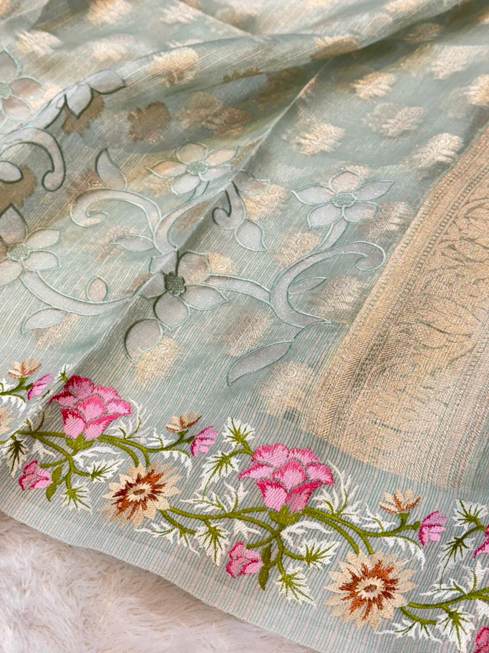 Tissue Silk Partywear Banaras Embroidered Applique Border Lightweight Sarees