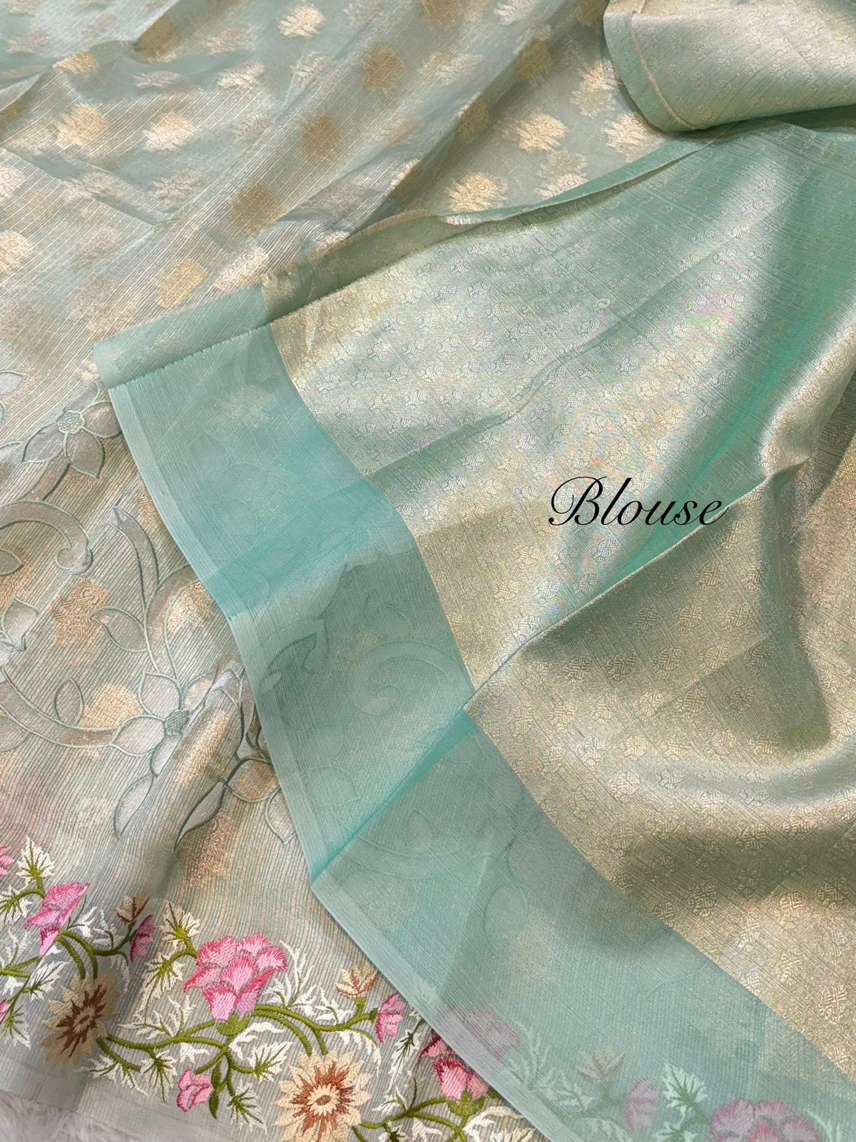 Tissue Silk Partywear Banaras Embroidered Applique Border Lightweight Sarees