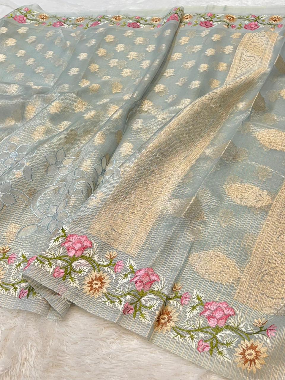Tissue Silk Partywear Banarasi Embroidered Applique Border Lightweight Sarees