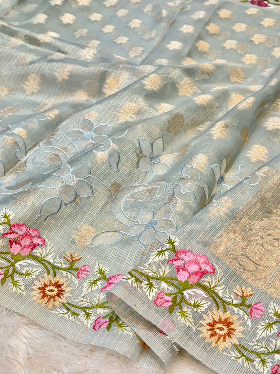 Tissue Silk Partywear Banarasi Embroidered Applique Border Lightweight Sarees