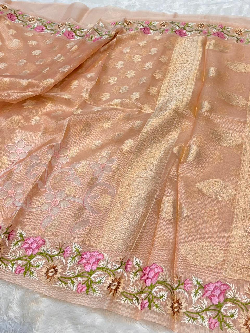 Tissue Silk Partywear Banarasi Embroidered Applique Border Lightweight Sarees