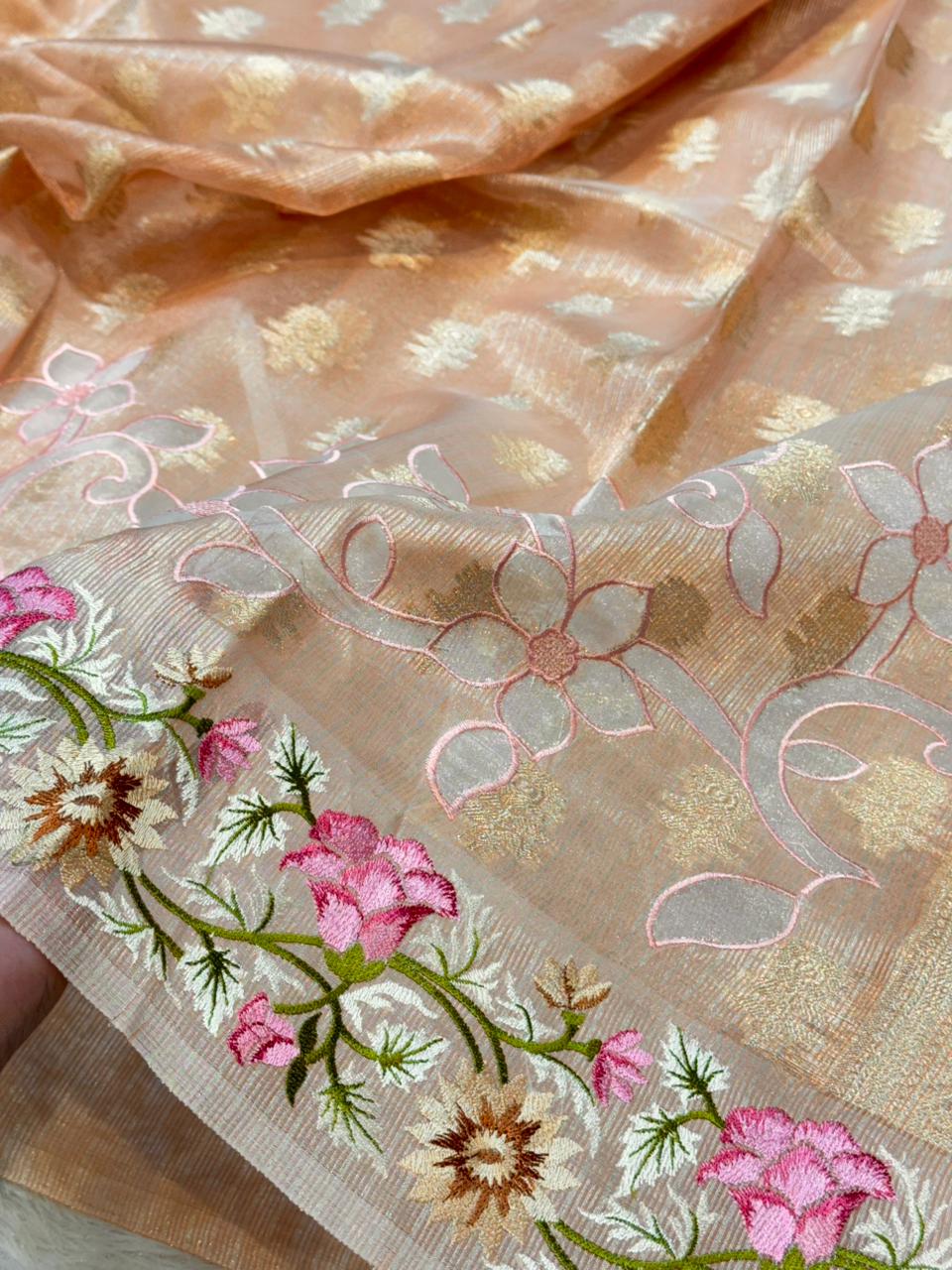 Tissue Silk Partywear Banarasi Embroidered Applique Border Lightweight Sarees