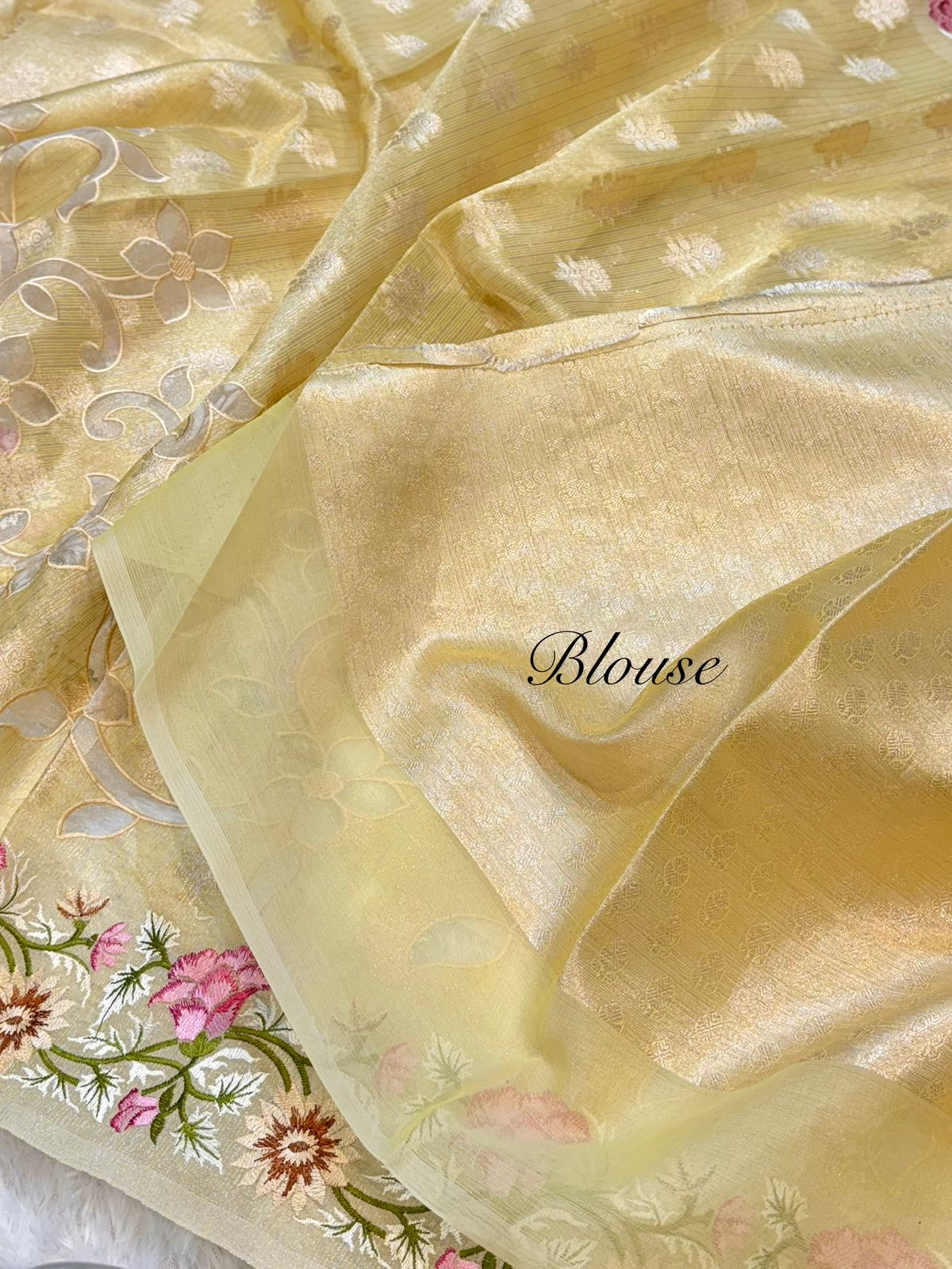 Tissue Silk Partywear Banarasi Embroidered Applique Border Lightweight Sarees