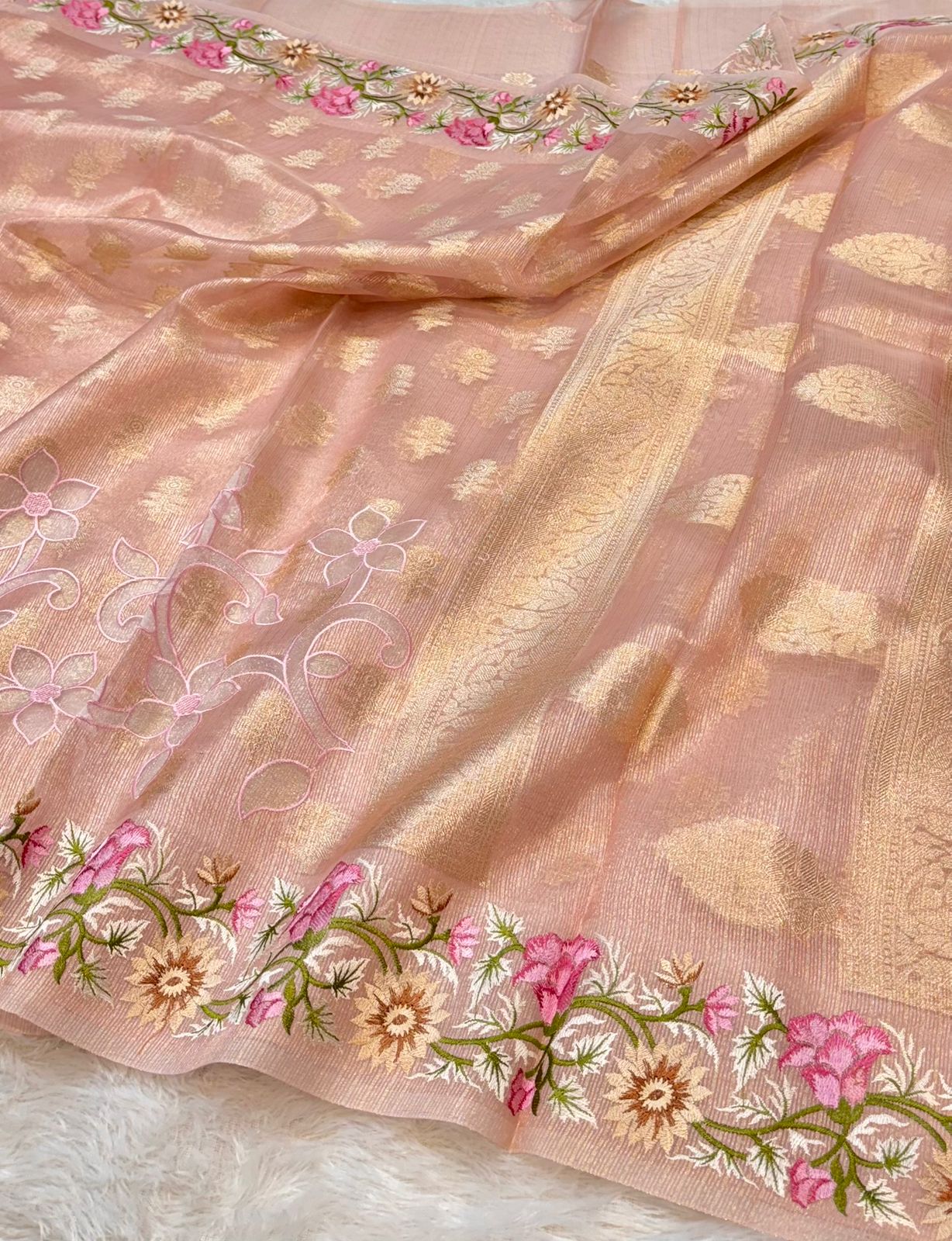 Tissue Silk Partywear Banarasi Embroidered Applique Border Lightweight Sarees