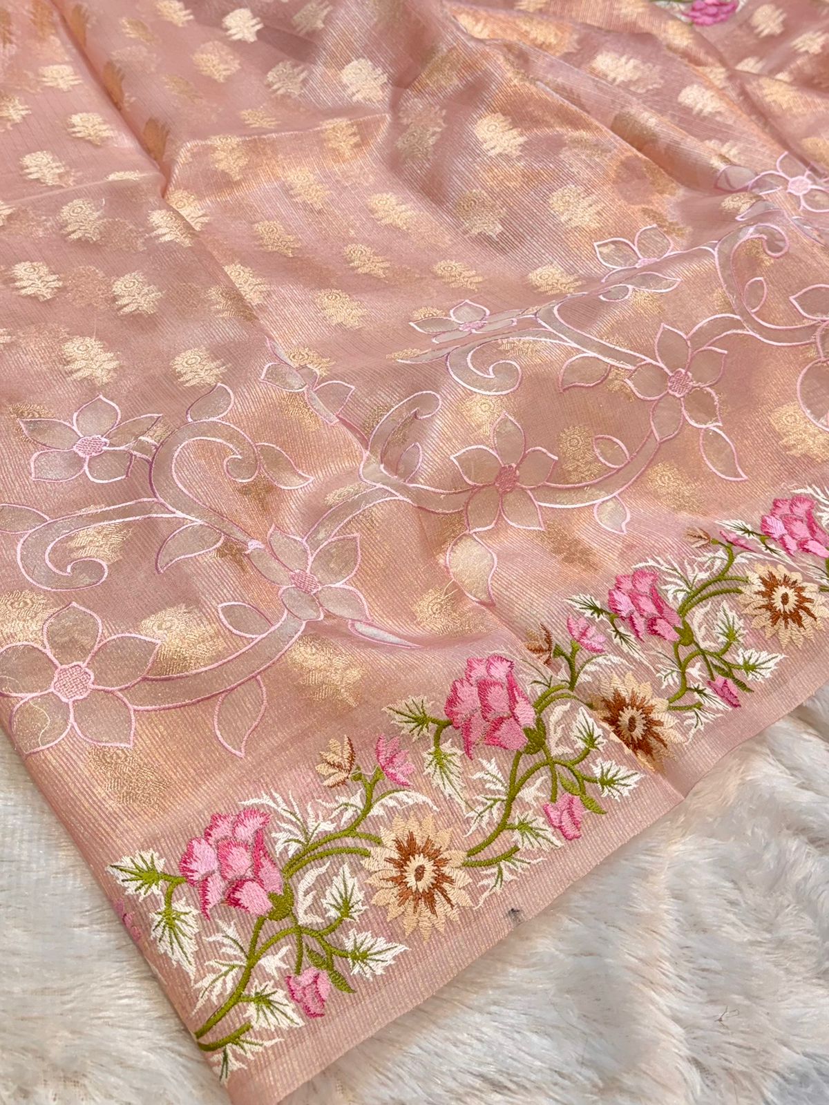 Tissue Silk Partywear Banarasi Embroidered Applique Border Lightweight Sarees